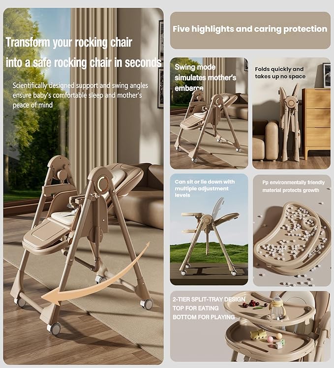 Nine point nine PU Leather Baby High Chair with Swinging Function, High Chairs for Babies and Toddlers, Removable Double Tray Baby Seat Feeding Chairs (8121 Khaki)