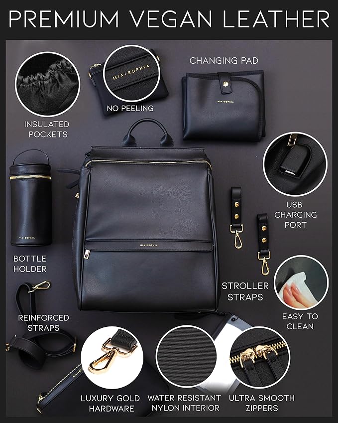 MIA + SOPHIA Leather Diaper Bag Backpack with USB Charging port, Changing Pad, Stroller Straps, and Bottle Holder (Black Sophia)