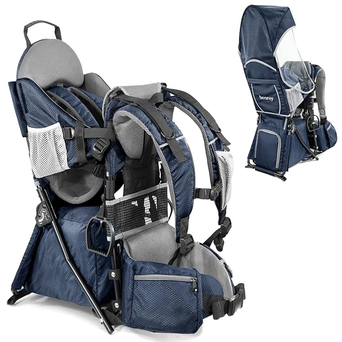 besrey Baby Backpack Carrier, Toddler Hiking Backpack with Safety 3-Height Seat, Adjustable Straps&Waist Belt, Foldable Frame Lightweight Large Capacity Child Carrier for Hiking (Blue/Grey)