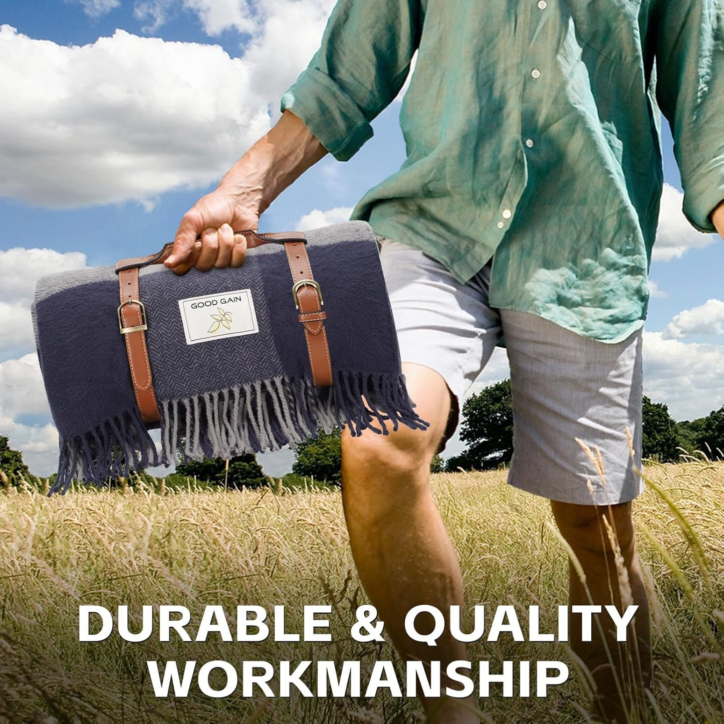 G GOOD GAIN Waterproof Picnic Blankets- Extra Large Outdoor Blanket Foldable, Beach Blanket with PU Handles, Sandproof Picnic Mat for Hiking, Camping, Lawn, Park, Grass.GreySquare