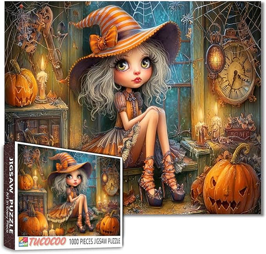 1000 Piece Halloween Puzzle for Adults Cute Girl Witch Art Jigsaw Puzzle Spooky Pumpkin Witch Hat Puzzles Challenging Aesthetic Fall Puzzle for Family Game Nights Rustic Halloween Decor Gifts