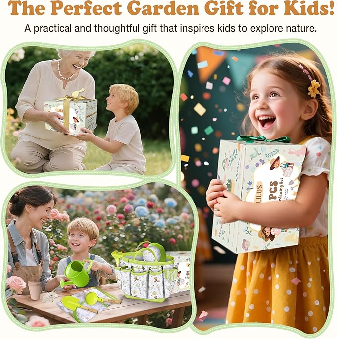 Kids Gardening Tool Set 18PCS Kids Toddler Gardening Set Includes Tote Bag Watering Can Apron Hat Rake Shovel Spoon Gloves Plant Pots and Labels, Outdoor Toys Gift for Boys Girls (Green)