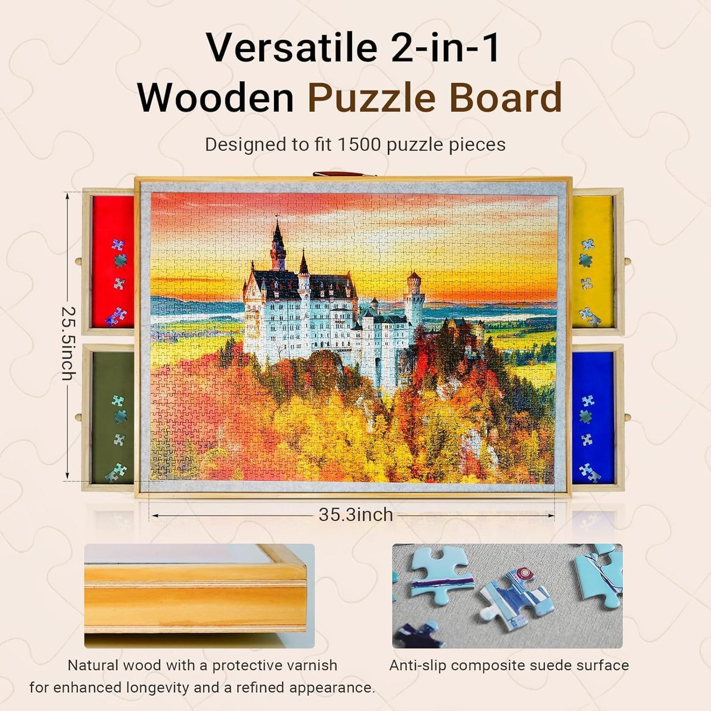 Elegant Wood Grain 2-in-1 Rotating & Tilting Puzzle Board 1500 Pieces, 36"x26" Wooden Board with Drawers, Lazy Susan Base, Cover, Storage Trays & Handle, Gift for Adults & Seniors