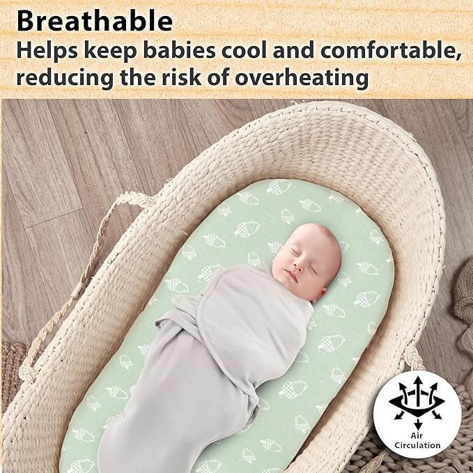 3-Pack Organic Jersey Cotton Bassinet Fitted Sheets – Fits 32 x 16 x 4 Inch Pads – Compatible with Halo, Snoo, Graco, Dream On Me, Delta – for Oval, Hourglass, and Rectangular Bassinet Mattresses