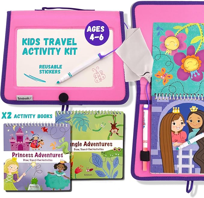 Totebook Kids Travel Educational Activity Book with Washable Markers - Car and Airplane Activities, Learning Toys for Toddlers- Reusable Stickers for Ages 4, 5, 6 (Princess & Extra Jungle Book)