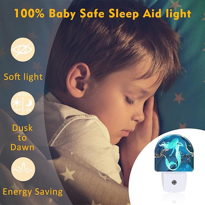 Watercolor Turquoise Mermaid Night Light for Kids,Navy Blue Golden Marble Night Light Plug in with Dusk to Dawn Sensor,0.5w Energy Saving Nightlight for Hallway Stairway Kitchen Bedroom