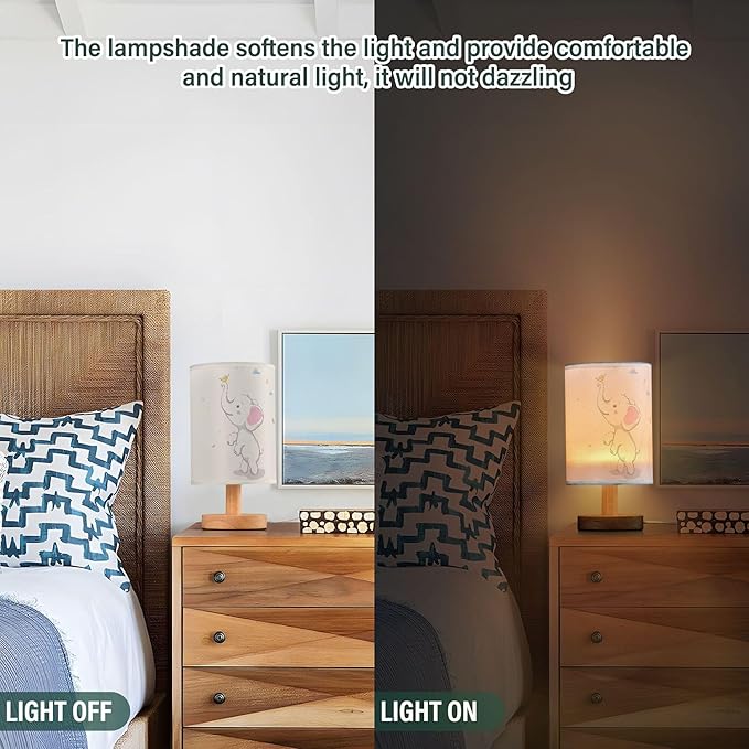 Table Lamp Cute Elephant Baby Play Autumn Leaves Rain Cloud Cartoon Animal Nightstand Lamp with Wood Base Fabric Lamp Shade Bedside Desk Lamp for Living Room Bedroom Kids Room Office