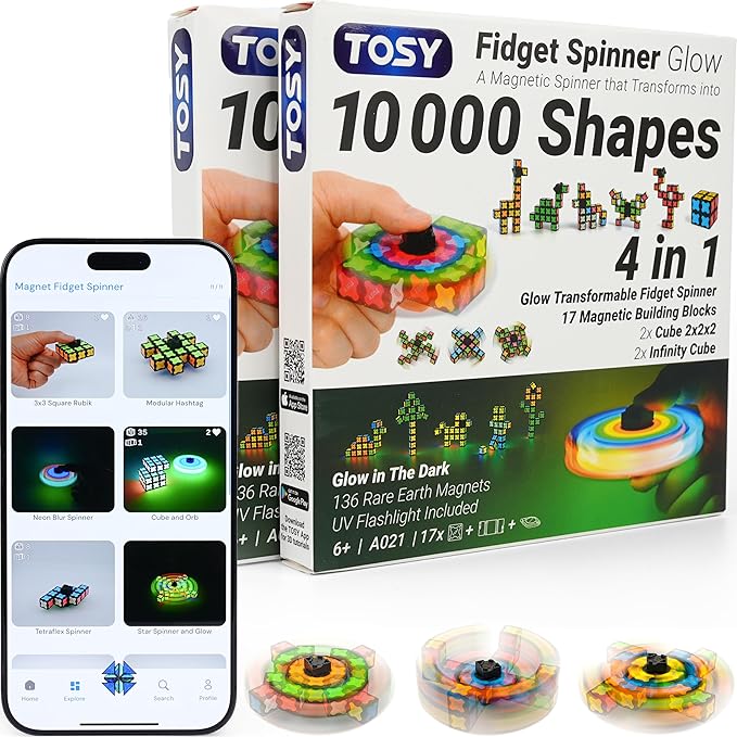 TOSY Magnet Fidget Spinner Glow - 16 Blocks, 3 in 1 Toy: Transformable Fidget Spinner, Infinity Cube, 2x2 Puzzle Cube, Glow, STEM/STEAM Magnet Tiles Birthday Gift for Kids/Boys/Girls/Adults, 2-Pack