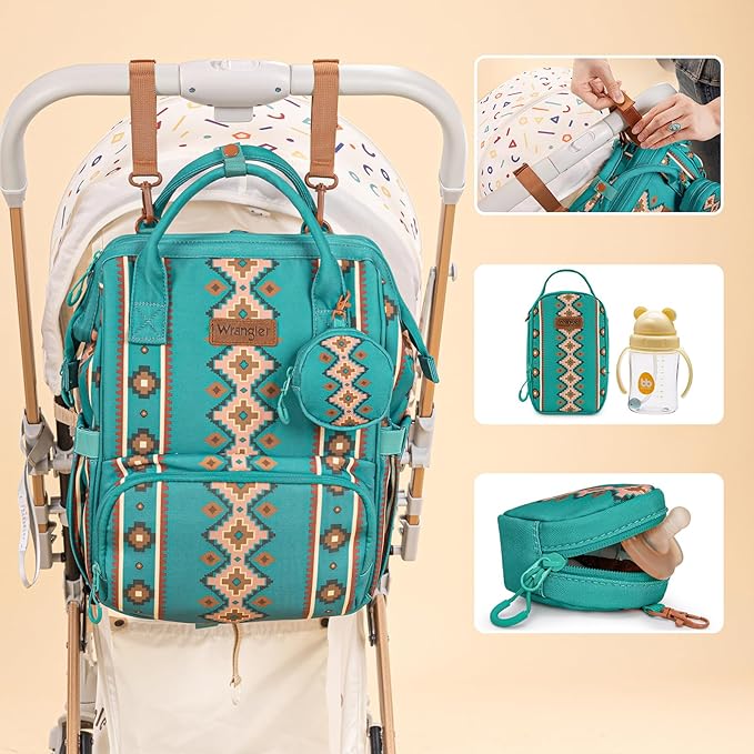 Montana West Wrangler Callie Diaper Bag Backpack with Pacifier Case, Crossbody Bottle Bag and Stroller Straps Western Pattern Multifunction Baby Travel Bag Set WG2215-9110TQ