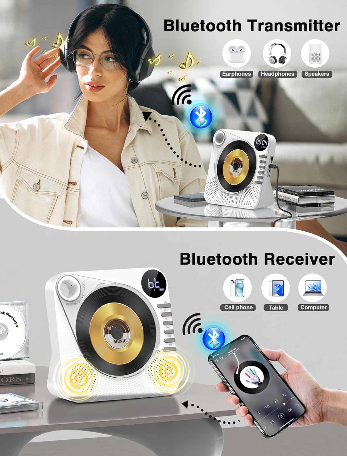 CD Player with HiFi Dual Speaker Portable Bluetooth,Desktop CD Player for Home with Remote Control,Dust Cover,LCD Display,Sleep Timer,EQ Sound,USB/AUX/3.5mm Earphone Jack for Home,Kids,Gift