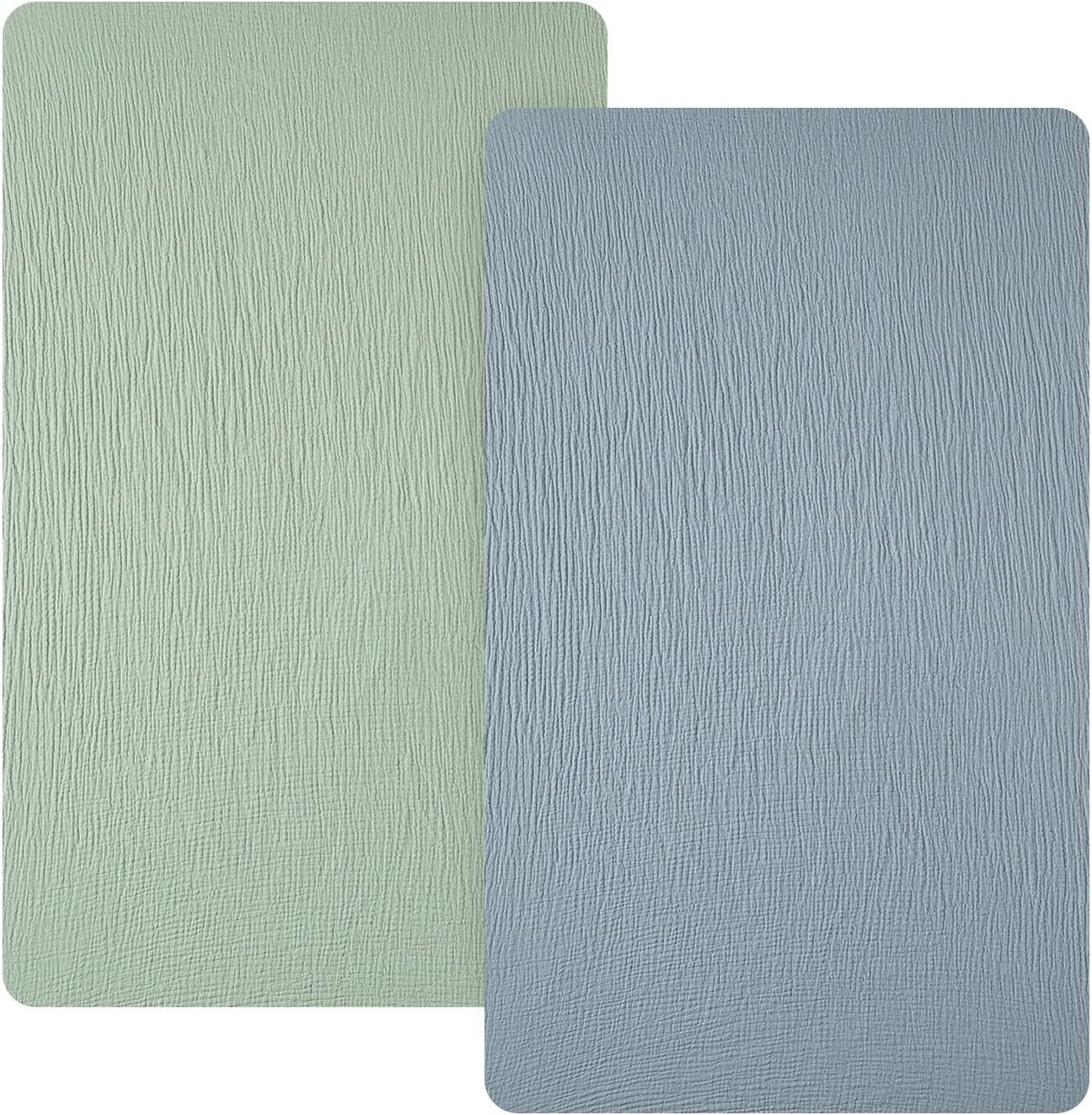 david's kids Muslin Mini Crib Sheets, 2 Pack Cotton Pack N Play Sheets for Boys Girls Neutral, Soft Breathable Baby Sheets Fit Pack N Play, Playard and Mini Crib Mattresses, Sage Green & Dusty Blue