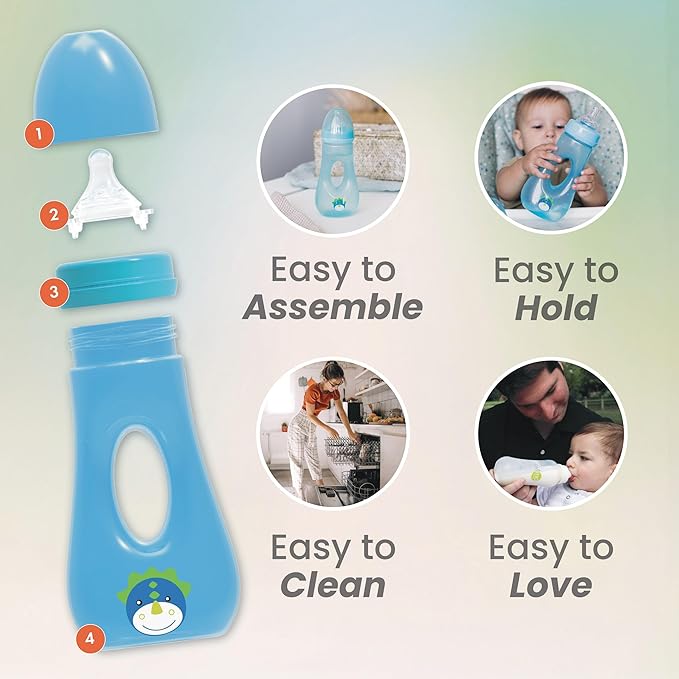 Avima Easy Grip Anti Colic Baby Bottles, BPA Free, 8 oz. Wide Neck w/Medium Flow Silicone Nipples & Bottle Brush Blue Set (Pack of 3)