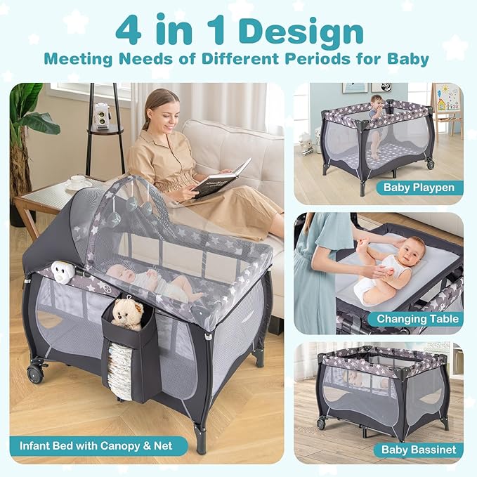 HONEY JOY Pack and Play, 4 in 1 Portable Baby Playard with Bassinet, Changing Table, Lockable Wheels, Music Box, Foldable Travel Baby Crib Nursery Center from Newborn to Toddler(Gray)