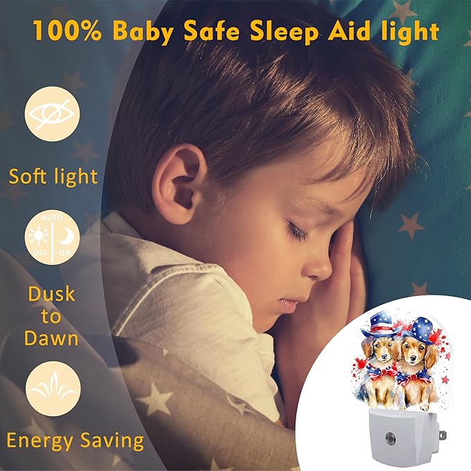 USA Flag Dog Couple Night Light Plug into Wall, American Patriotic Cute Dogs Dusk to Dawn Night Light Plug in,0.5w Energy Saving Sleep Friendly NightLight for Kids Boys Girls Home Decor