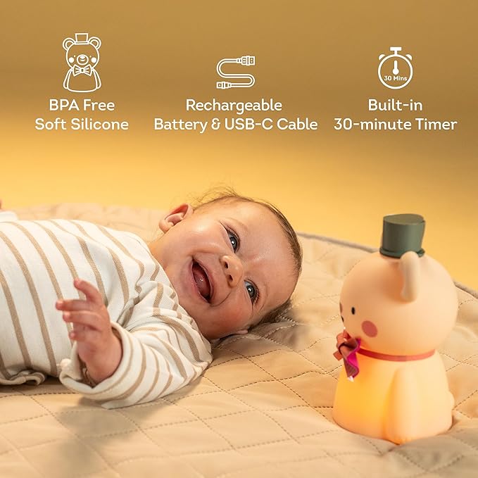 Taf Toys Silicone Kids Night Light Adjustable Brightness Levels & 30-Min Timer Tap Control 3-Level Dimmable Baby Night Lights for Nursery USB Rechargeable Nursing Lamp Bedroom Décor (Little Bear)