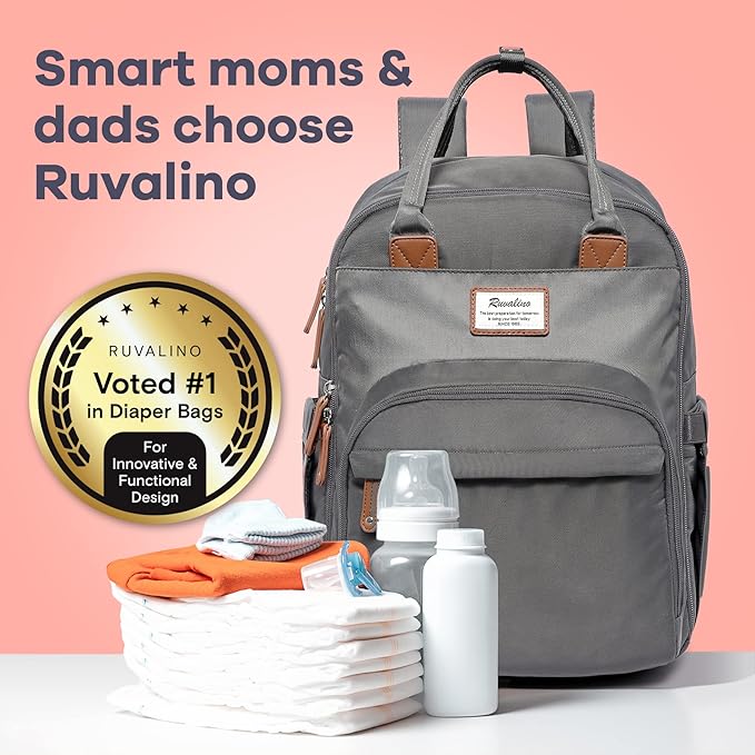 RUVALINO Diaper Bag Backpack, Multifunction Travel Back Pack Maternity Baby Changing Bags, Large Capacity, Waterproof and Stylish, Iron Gray