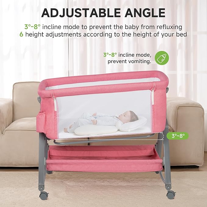 Real Relax Baby Bassinet Bedside Sleeper, 3 in 1 Bedside Crib with 6 Adjustable Height and Mosquito Nets, Portable Bedside Bassinet for Baby with Wheels, Easy to Fold, Included Mattress, Pink