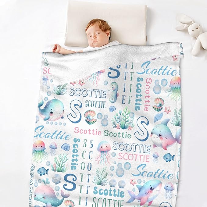 Personalized Baby Blanket for Girls Boys Kids Oceans Shark Custom Baby Blanket with Name Throw Birthday Gift for Toddlers Infants Shower Newborns Nursery Stroller Crib Bed Decor