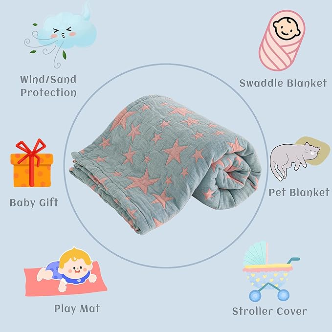 NTBAY 3 Layer Toddler Blanket, Muslin Cotton Jacquard Bed Blankets, Lightweight Thermal Baby Blanket, Super Soft and Warm Crib Blanket for All Seasons, Decoration Gift, 45"x60", Red and Blue Star