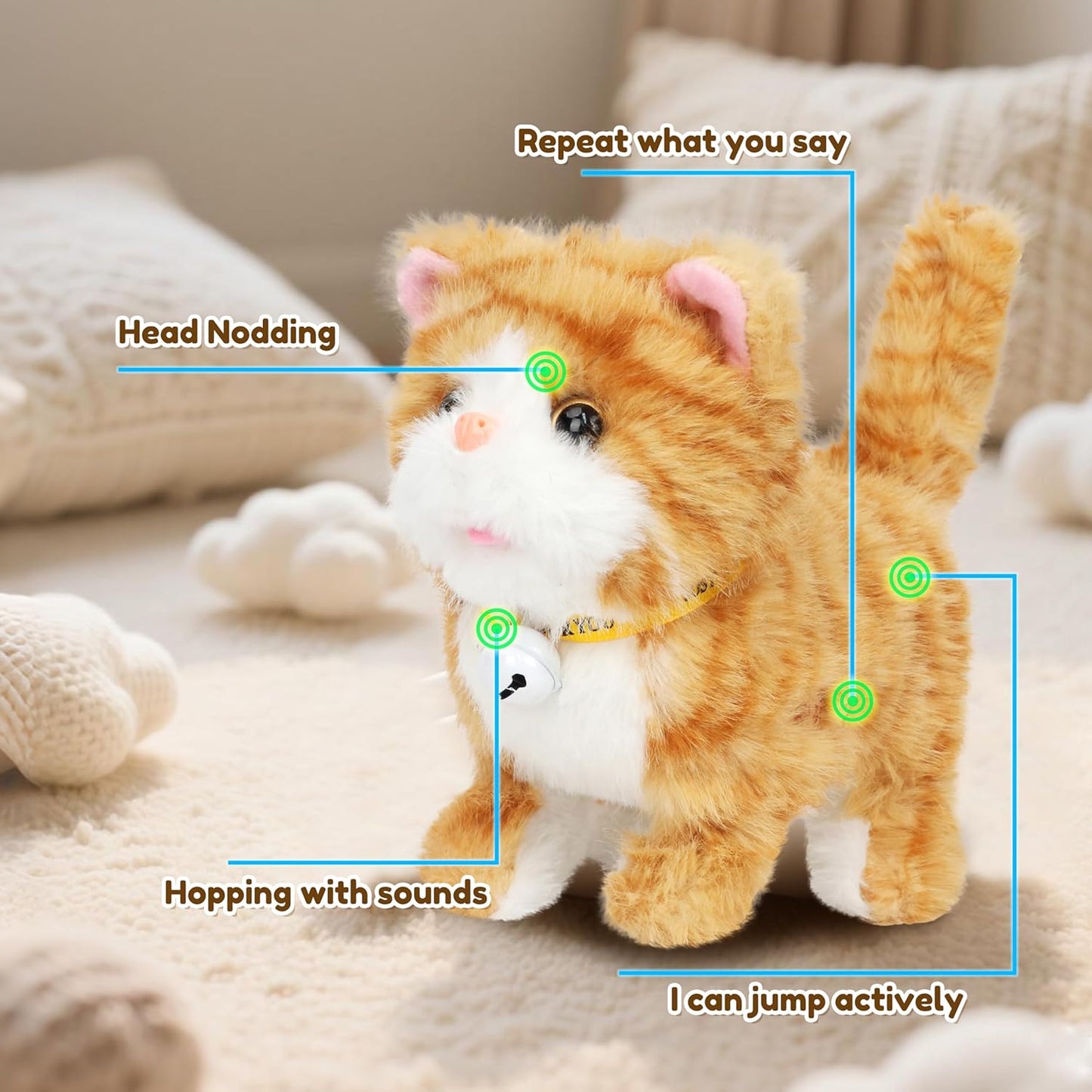 Easfan Walking Plush Kitty Toy Stuffed Animal Electric Interactive Talking Musical Plush Toy Grey Cat Leash Tail Wagging Christmas Birthday Gifts for Kids Toddlers,7"