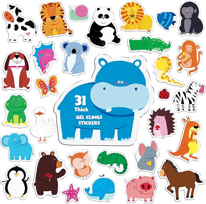 31PCS Animal Jelly Stickers, Thick Window Door Clings Removable Reusable Gel Clings Decals for Kids Toddlers Adults Home Classroom Nursery Animal Theme Party Supplies Decorations (Not Edible)