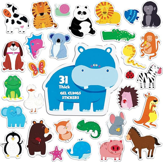 31PCS Animal Jelly Stickers, Thick Window Door Clings Removable Reusable Gel Clings Decals for Kids Toddlers Adults Home Classroom Nursery Animal Theme Party Supplies Decorations (Not Edible)
