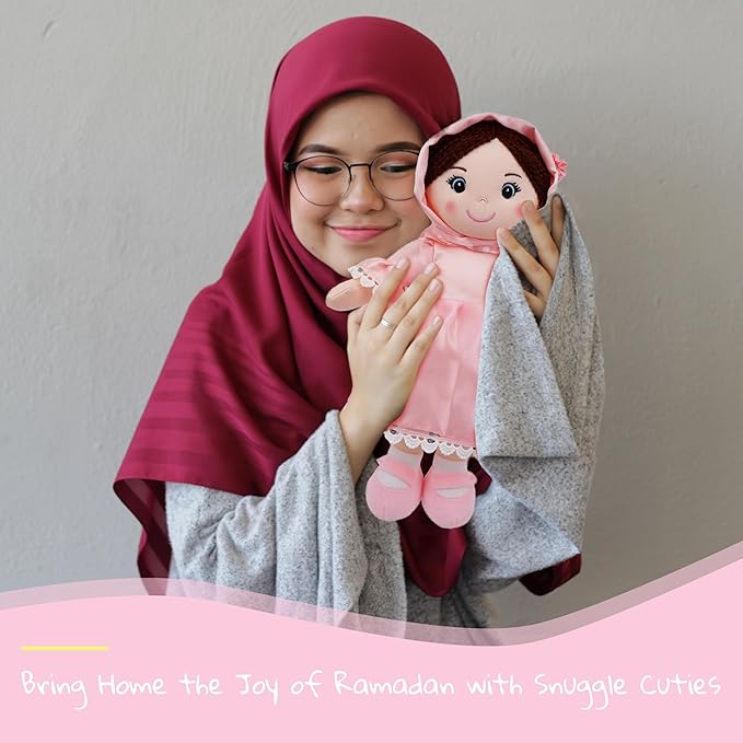 June Garden 14" Snuggle Cuties Aisha - Muslim Hijab Doll - Soft Cuddly Plush Doll for Girls - Huggable Rag Doll - Ramadan Gift - Pink M