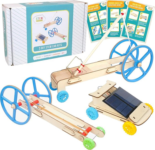 STEM Kit – 3 DIY Car Projects Powered by Rubber Bands, a Solar Cell, and a Mousetrap - STEM Kits for Kids Ages 8-14 – Educational DIY Kit for Classroom, Homeschool, Science Projects, or Gifts