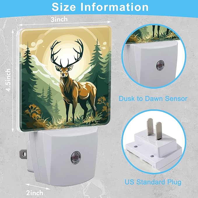 Deer in Forest Plug in Night Light with Auto Dusk to Dawn Sensor,Warm Night Lights for Boys Girls Bedroom Bathroom Hallway Kids Room Gifts