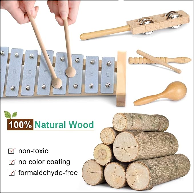 LOOIKOOS Toddler Musical Instruments, Eco Friendly Music Set for Kids Preschool Educational, Natural Wooden Percussion Instruments Musical Toys for Boys and Girls with Storage Bag