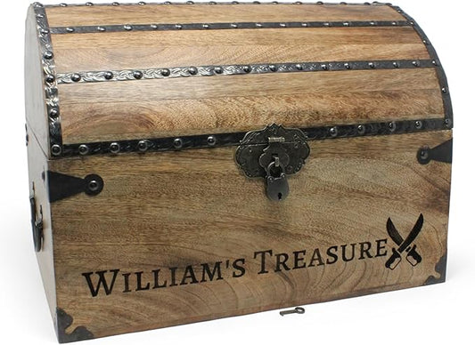 Nautical Cove Personalized Wood Treasure Chest - Pirate Chest with Custom Engraving (X-Large 16x12x12) – Decorative Storage Chest, Wooden Keepsake Box