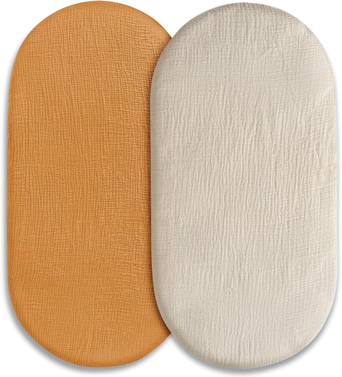 Muslin Bassinet Fitted Sheets, 2 Pack for Baby Boy and Girl, Soft Breathable Stretchy Baby Pad/Mattress Sheet Set, Universal Fit for Hourglass Oval and Rectangle Bassinet Mattress (Elegant Colors)