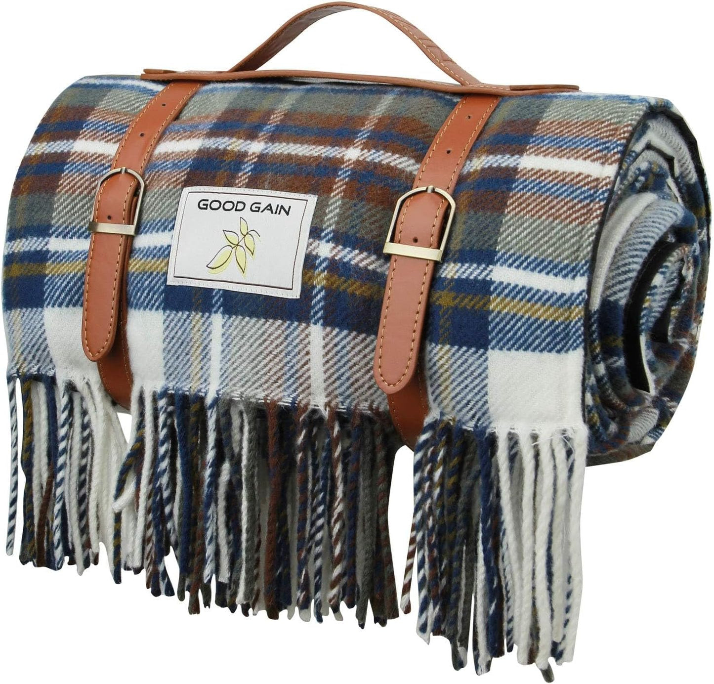 G GOOD GAIN Waterproof Picnic Blankets- Extra Large Outdoor Blanket Foldable, Beach Blanket with PU Handles, Sand-Proof Picnic Mat for Hiking, Camping, Lawn, Park, Grass. Blue Check