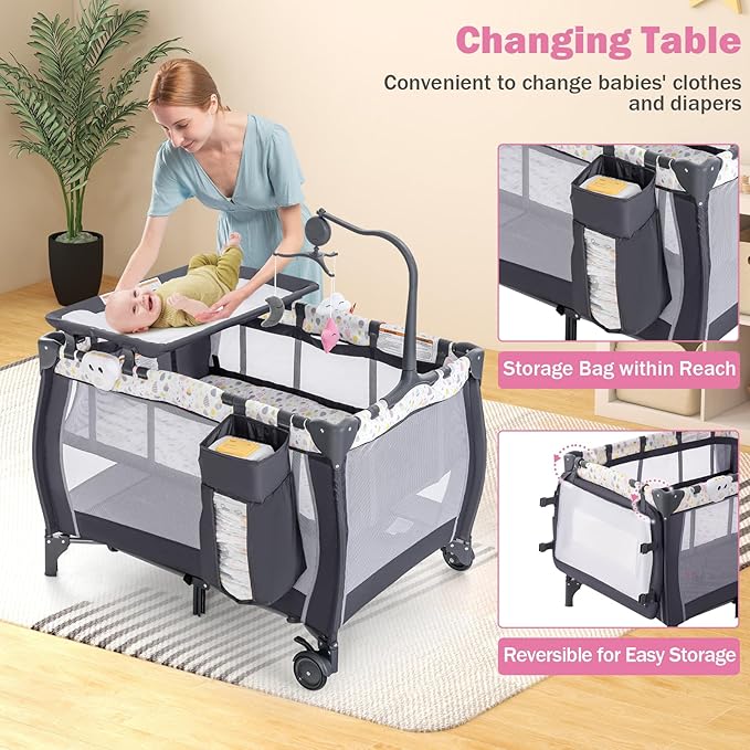 HONEY JOY Pack and Play, 3 in 1 Portable Baby Playard with Bassinet, Changing Table, Lockable Wheels, Music Box, Foldable Travel Baby Crib Nursery Center from Newborn to Toddler (Water Drop Gray)