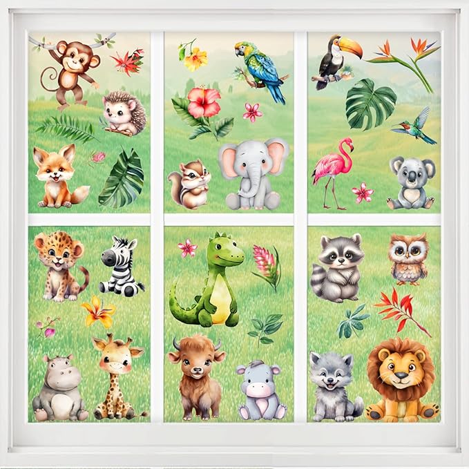 38 Animal Window Clings, Cute Elephant, Monkey, Bird Window Stickers, Perfect for Parties, Decorating Rooms, Living Rooms, Kitchens, bathrooms, refrigerators, Tile Stickers