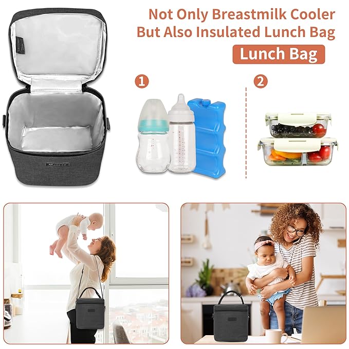 Mancro Breastmilk Cooler Bag with Ice Pack, Insulated Bottle Bag for 6 Baby Bottles (Up to 9 Ounce) with Shoulder Strap for Nursing Moms on The Go or Daycare, Dark Grey