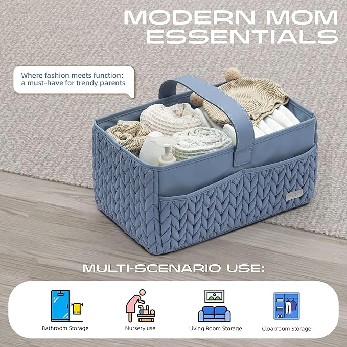Luxurious Baby Diaper Caddy, Nursery Storage Basket for Newborn Essentials, Travel Baby Basket for Diapers Baby Wipes, Organizer Tote Bag Storage Bin, Baby Shower Gifts(ash blue)