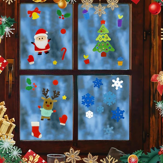 4Pcs Christmas Thick Gel Clings, Xmas Clings Window Stickers Winter Gifts, Jelly Window Stickers for Children, Cute Pumpkins Witch Bats Window Clings Christmas Window Decors Supplies for Kids