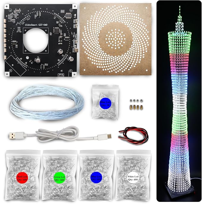 Led Canton Tower Model DIY Electronic Kit, LED Cube Model Handmade Soldering Project Kit, 64 LED Circles, Height 1 Meter. (GZT-64)