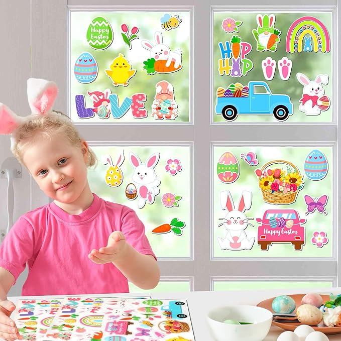 MARFOREVER 50 PCS Easter Window Thick Gel Clings Stickers Rabbit Eggs Window Decals Reusable Gel Clings for Adults Kids Classroom Home Spring Easter Party Supplies Decorations
