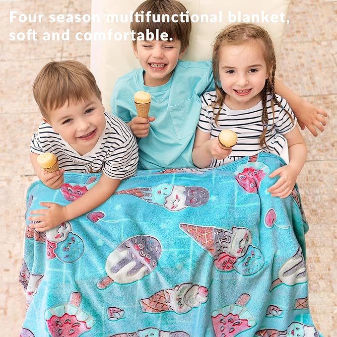 Glow in The Dark Ice Cream Blanket Blue Throw Blanket Food Blanket Unique Birthday Gifts for Girls Teens Kids Funny Blankets for Couch Sofa Bed