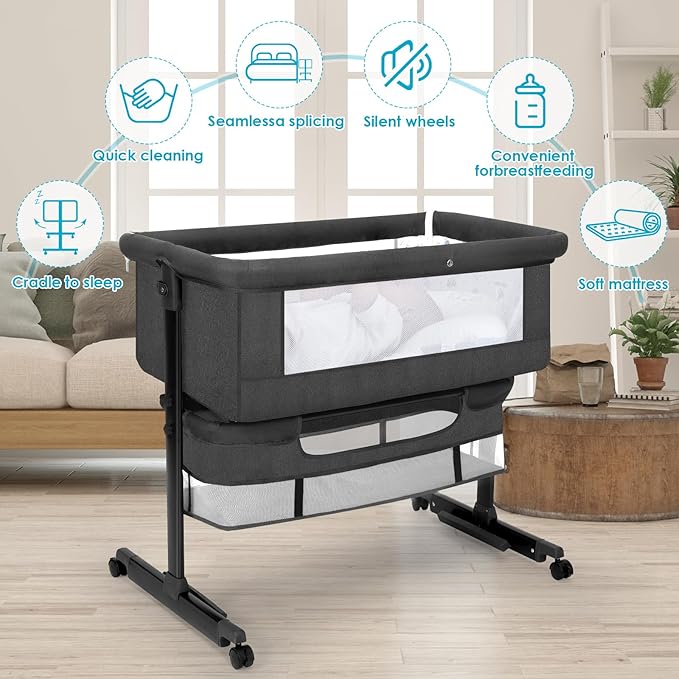 Baby Bassinet, Baby Basinet Bedside Sleeper, Easy to Fold Portable Crib Side Bassinet 2025new Style Girl/boy bassinets (Dark Gray)