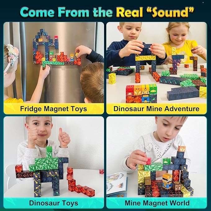 100PCS Magnetic Blocks - Build Mine Magnet World Mine Adventure Set Dinosaur Toys, Creative Jurassic Kids Games for 3-5 5-7 8-12 Boys, Sensory STEM Outdoor Toys for Boys & Girls Birthday Gifts