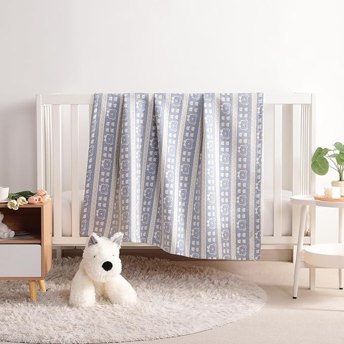NTBAY 3 Layer Oversized Muslin Cotton Toddler Blanket, Jacquard Reversible Nursery Bed Blanket, Super Soft and Thermal for All Seasons, Baby Gift, 45"x60", Blue Bear