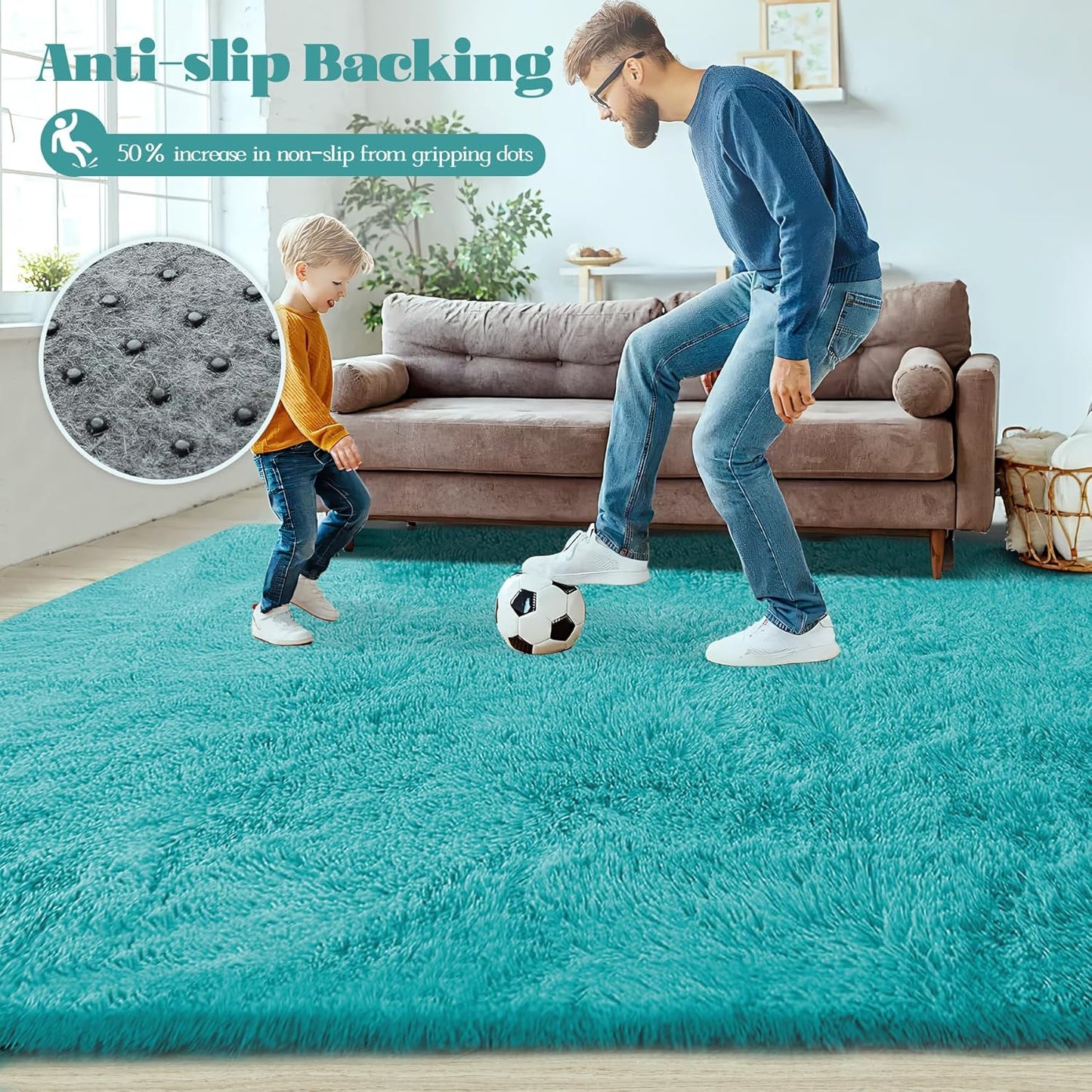 8x10 Area Rug for Living Room: Fluffy Shag Soft Washable Rugs Large Fuzzy Plush Indoor Carpet for Bedroom Nursery Playroom Kids Girls Boys Room (Teal Blue, 8'x10')