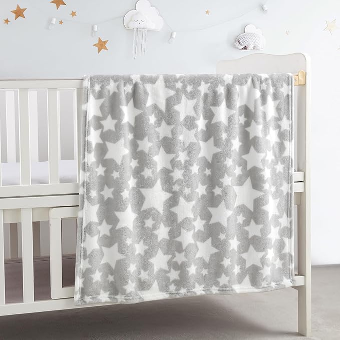 CREVENT 30"X40" Cozy Soft Warm Fleece Baby Blanket for Girls Boys, Newborn Essentials for Infant, Baby Shower Receiving Gift - Star Grey 75X100cm