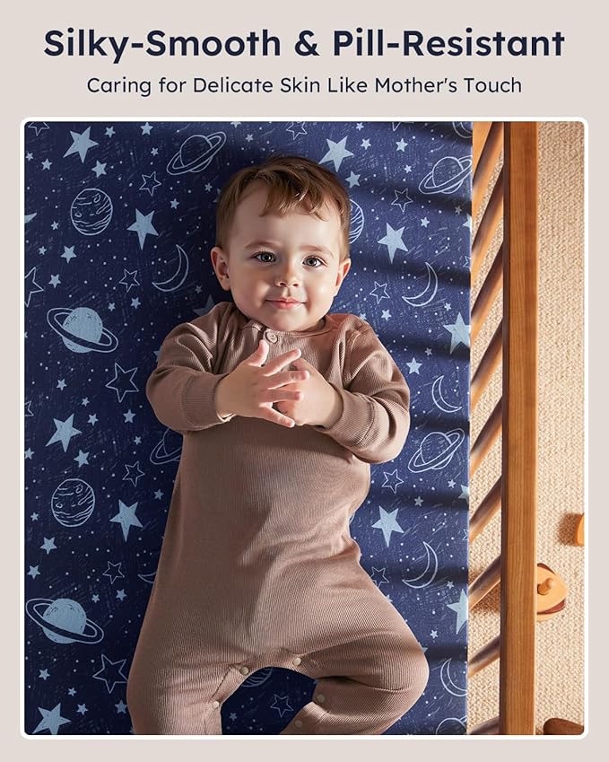 Pack and Play Sheets Fitted 3 Pack, Mini Crib Sheets for Pack N Play Mattress Stretchy Portable Playard Sheets, Soft Breathable Blue Gray Planet