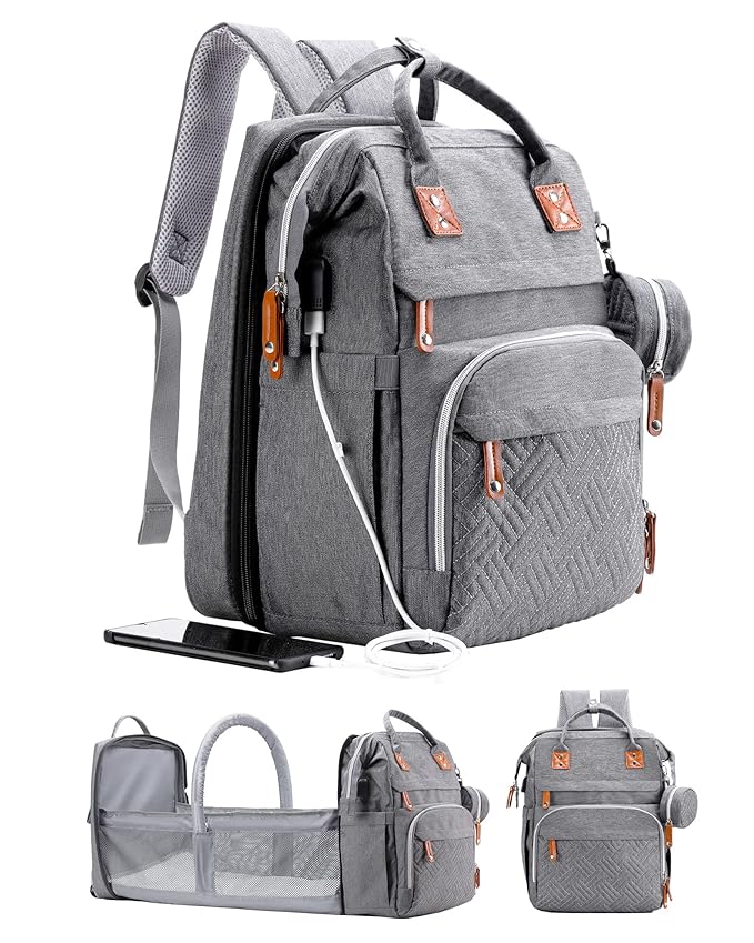 Diaper Bag Backpack with Changing Station, Large Diaper Bag, Baby Bag, Multifunctional Diaper Bag, Gray
