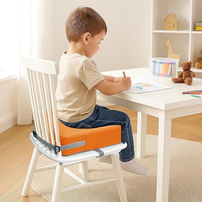 Toddler Booster Seat for Dining Table, 2 Elastic Seat Belts, Anti Scratch PU Skin-Friendly, Waterproof, Anti-Wrinkle, Detachable Non-Slip Bottom - Orange