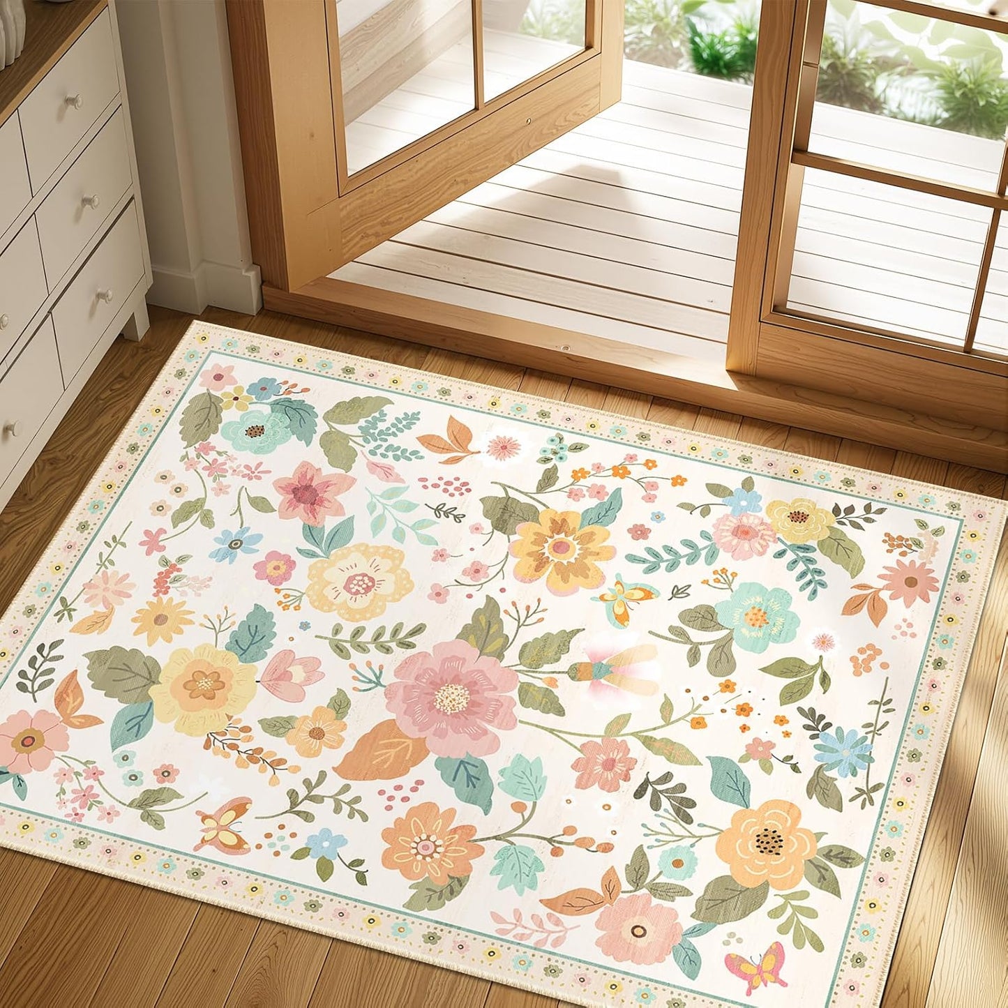 Floral 2x3 Area Rug Machine Washable Soft Print Boho Carpet Non Slip Doormat Low Pile Flower Area Rugs for Living Room Bedroom Nursery Kitchen Dining Room Indoor-Beige/White/Orange